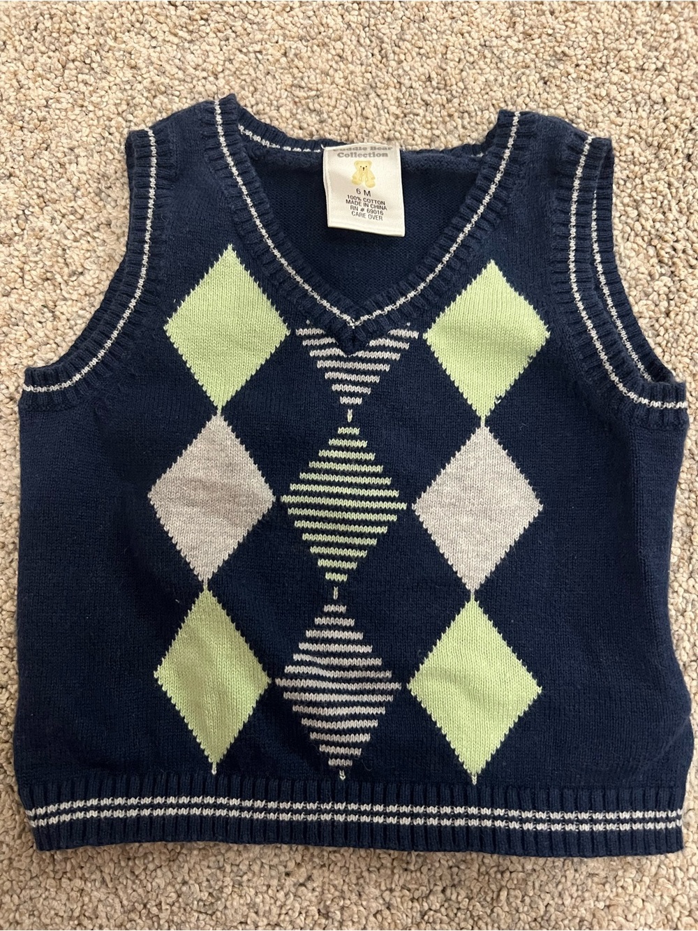 Navy Argyle Knit Vest with Lime and Gray Diamonds Preppy Collegiate Baby 6M